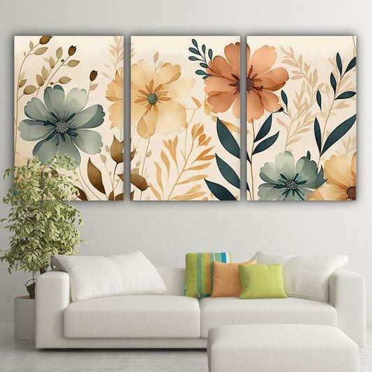 Soft botanical flower canvas prints with beige and blue floral artwork for home decor