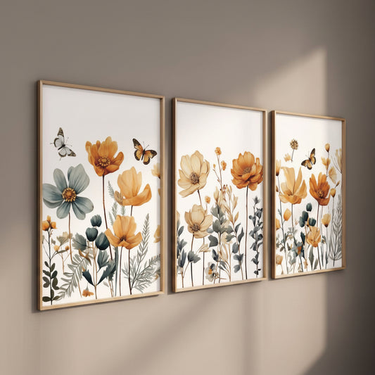 Three-panel floral botanical canvas artwork for living room, bedroom, and office decor 