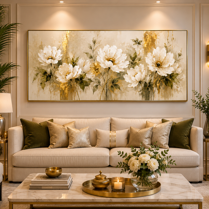 Premium white flower canvas painting with gold accents for bedroom and office decor