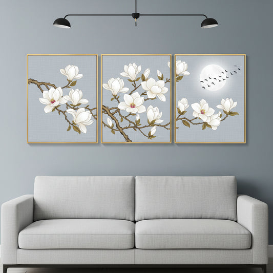 Modern three-panel white magnolia flower canvas painting for living room and bedroom decor 