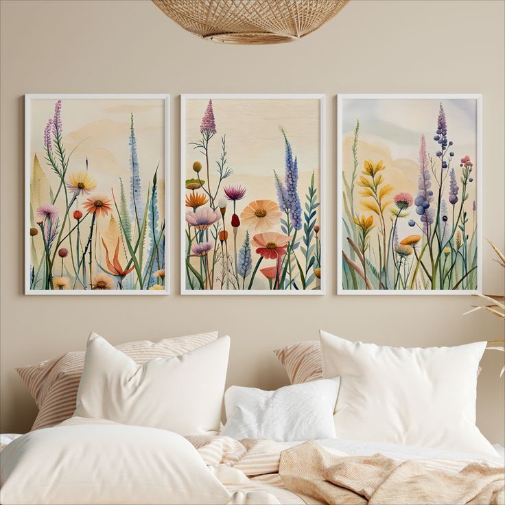 Three-panel botanical floral canvas artwork for modern living room and bedroom decor 