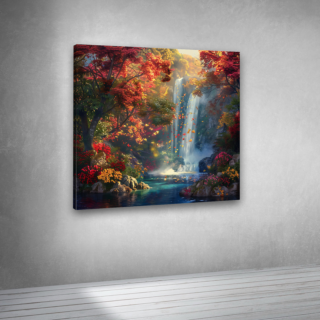 Colorful forest waterfall artwork canvas print for contemporary interiors