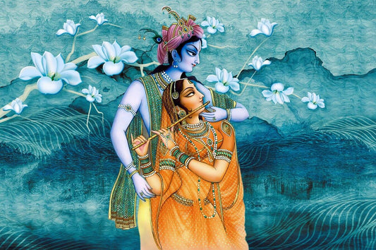 Ethereal Radha Krishna Wall Art | Romantic Canvas Painting Artistic depiction of two figures in traditional attire with a floral background