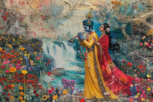 Ethnic Framed Art | Canvas Painting of Radha Krishna for Living Room Artistic depiction of a couple in colorful traditional attire with a scenic background