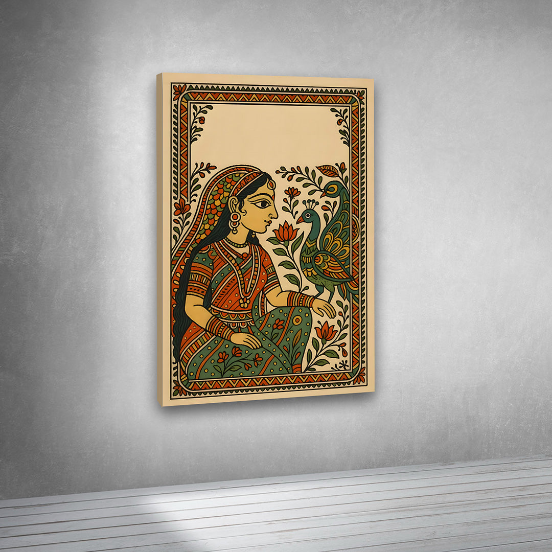 Ethnic Indian wall art featuring woman and peacock for living room decoration
