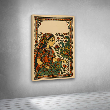 Ethnic Indian wall art featuring woman and peacock for living room decoration