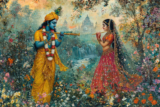 Expressive Radha Krishna Canvas Art | Indian Culture Two figures in traditional attire in a garden with flowers and a temple in the background