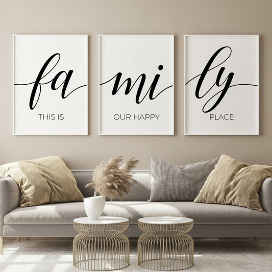 Minimalist family typography triptych canvas wall decor for living room and home interiors
