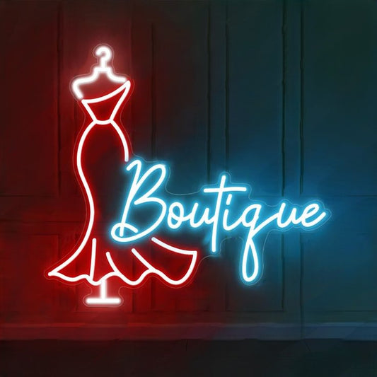Fashion Boutique Neon Sign | Custom Neon Sign | Neon for Fashion Studio  Neon sign of a dress on a hanger with 'Boutique' text against a wooden background