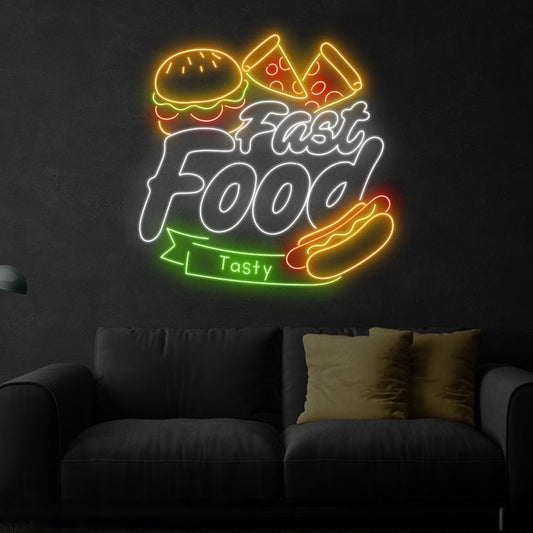 Fast Food Neon Sign | Custom Neon Sign | Neon for Restaurant  Neon sign with fast food graphics and text on a dark wall above a sofa.