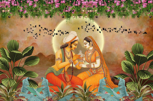 Festive Style Radha Krishna Canvas Painting for Gifting & Decor Artistic depiction of two figures in traditional attire with floral and plant elements.