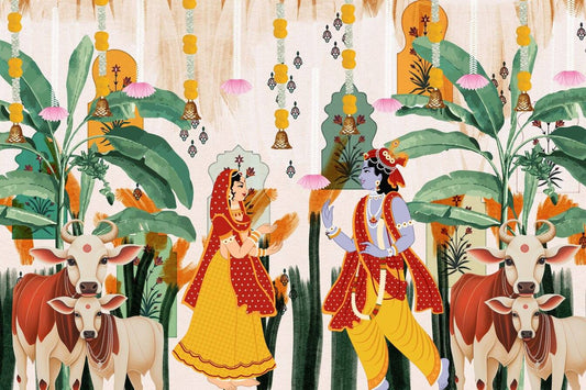 Festive Style Radha Krishna Canvas Painting for Gifting Purpose Illustration of a traditional scene with two characters and cows in a forest setting.