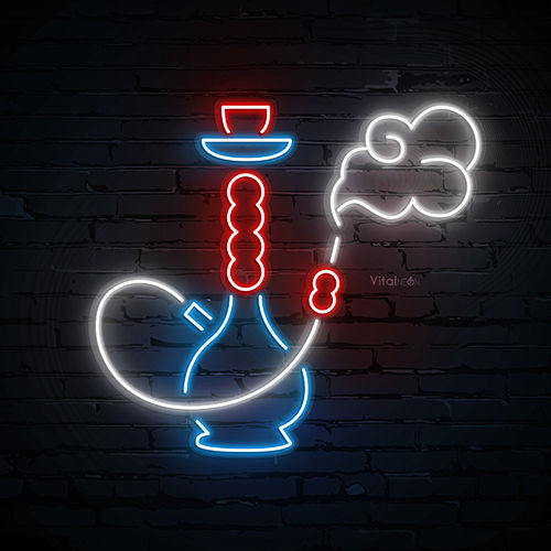 Flavor Hookah Neon Sign  – Custom Neon Sign for Game Lover 20 By 15 Inches Neon sign of a hookah with smoke on a brick wall background