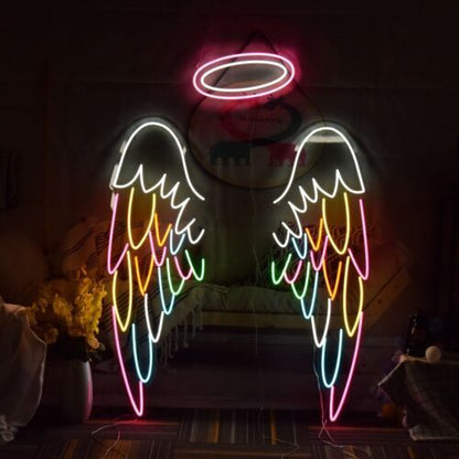 FloRo Wings Neon Sign | Custom Neon Sign | Neon for Living Room Neon angel wings and halo in a dark room