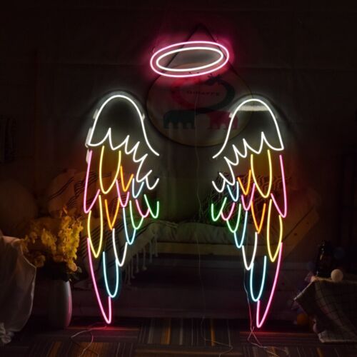 FloRo Wings Neon Sign | Custom Neon Sign | Neon for Living Room Neon angel wings and halo in a dark room