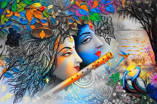 Floral Canvas Painting of Radha Krishna | Painting for Wall Decor Colorful depiction of a couple with a flute and peacock, surrounded by nature elements.