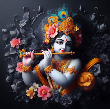 Floral Krishna Peaceful Wallpaper for Living Room Decor Decorative image of a deity holding a flute with flowers and leaves on a dark background