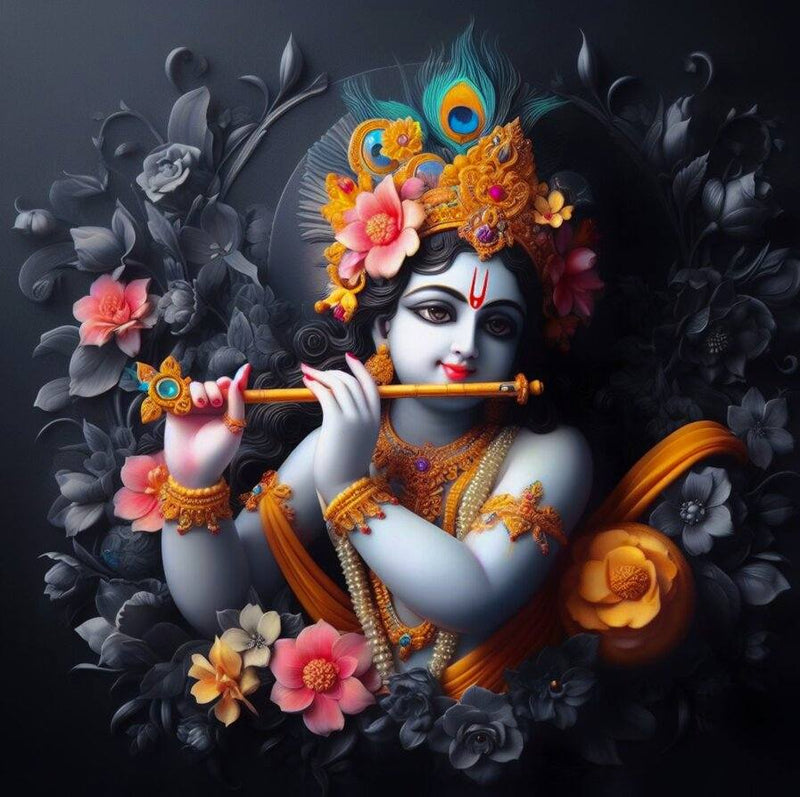 Floral Krishna Peaceful Wallpaper for Living Room Decor Decorative image of a deity holding a flute with flowers and leaves on a dark background
