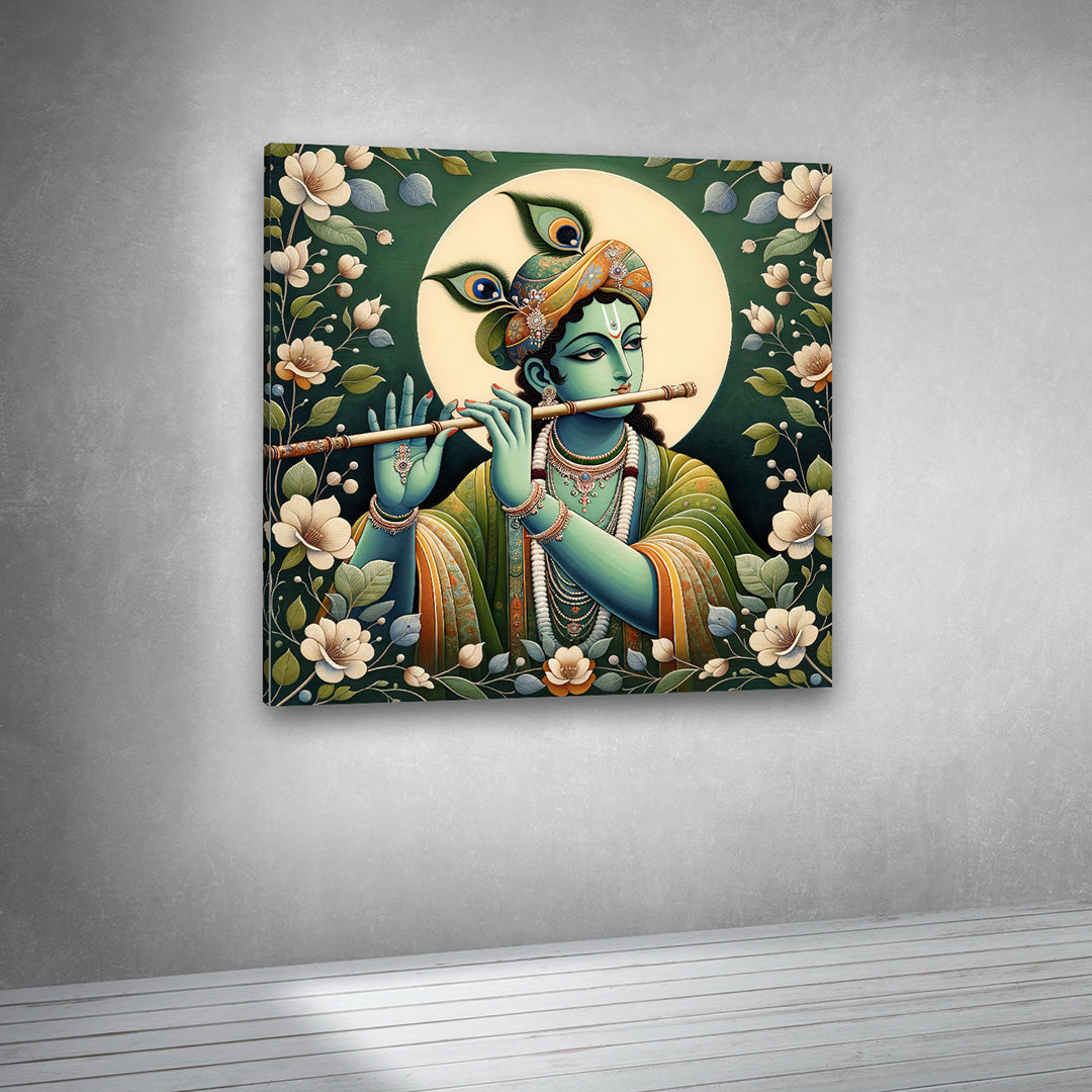 Lord Krishna playing flute artwork canvas print for spiritual interiors