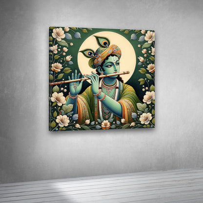 Lord Krishna playing flute artwork canvas print for spiritual interiors