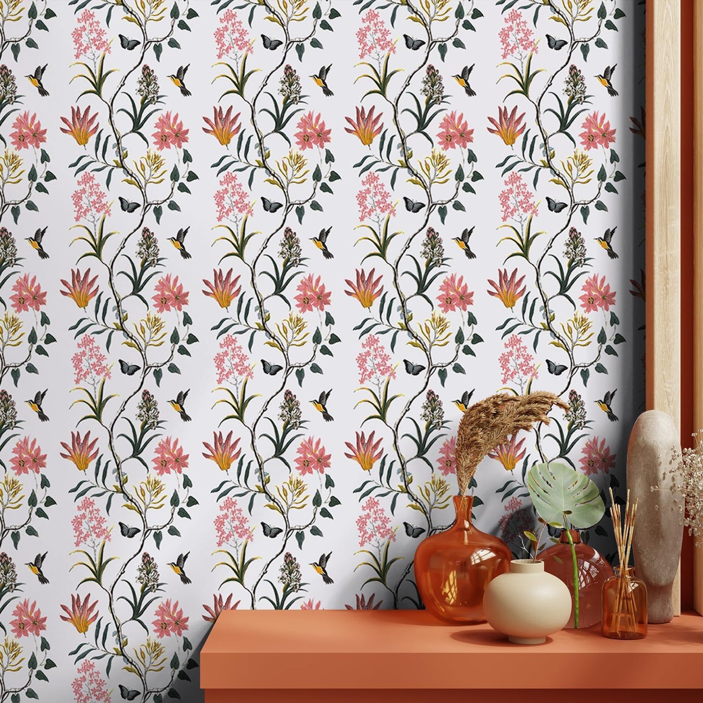 Peel and Stick Wallpaper, Self Adhesive DIY Wall Sticker for Bedroom Hall Living Room Kitchen Home & Office, PVC Coated & Waterproof Surface Scratch Resistant – 45 x 300cm Decorative wallpaper with floral and bird pattern, table with vases against it.