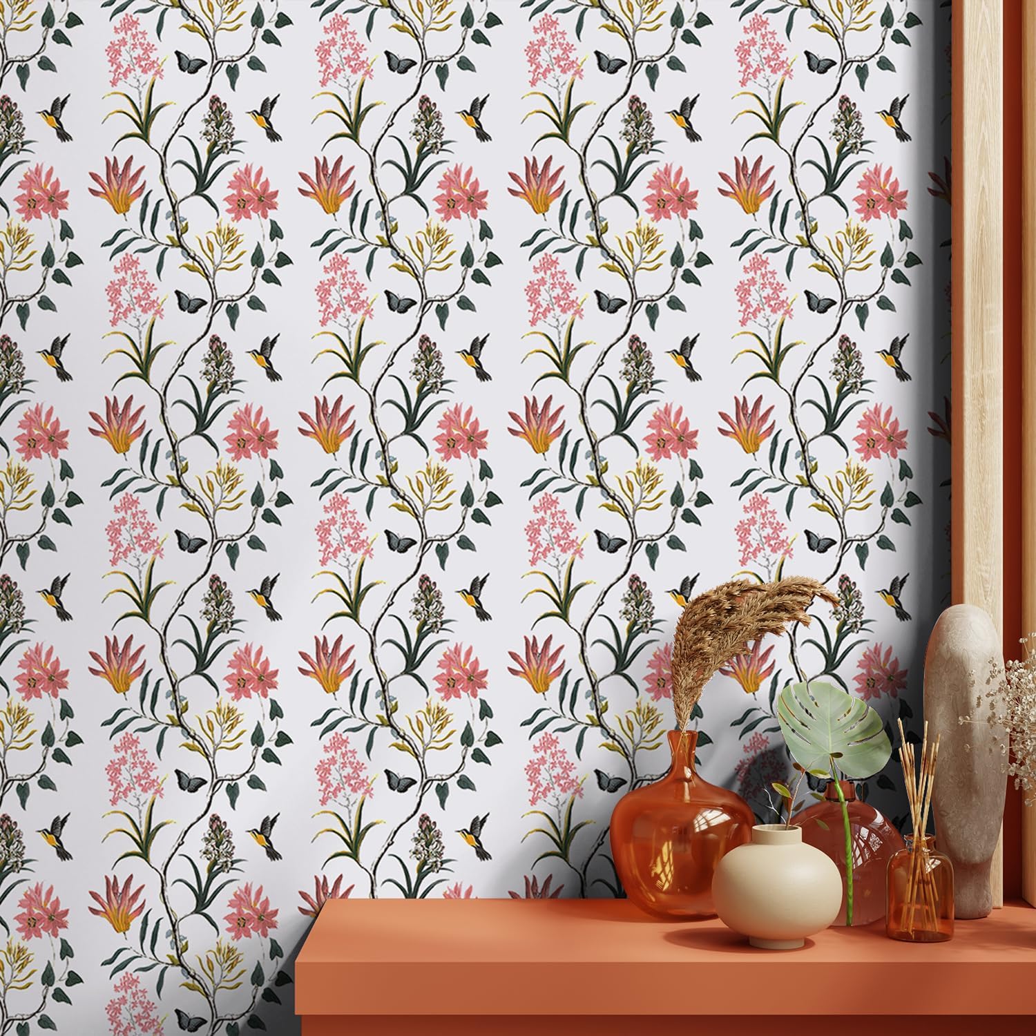 Peel and Stick Wallpaper, Self Adhesive DIY Wall Sticker for Bedroom Hall Living Room Kitchen Home & Office, PVC Coated & Waterproof Surface Scratch Resistant – 45 x 300cm Decorative wallpaper with floral and bird pattern, table with vases against it.