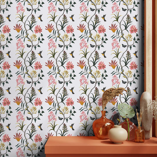 Peel and Stick Wallpaper, Self Adhesive DIY Wall Sticker for Bedroom Hall Living Room Kitchen Home & Office, PVC Coated & Waterproof Surface Scratch Resistant – 45 x 300cm Decorative wallpaper with floral and bird pattern, table with vases against it.