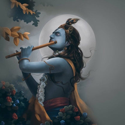 Fluit Krishna Wallpaper | Wallpaper for Dancing Room
Blue-skinned figure playing a flute with a serene expression, surrounded by nature elements.