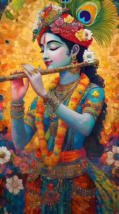 Flute Krishna Wallpaper | Spiritual Art for Music Room Colorful depiction of a deity playing a flute with intricate jewelry and floral decorations.