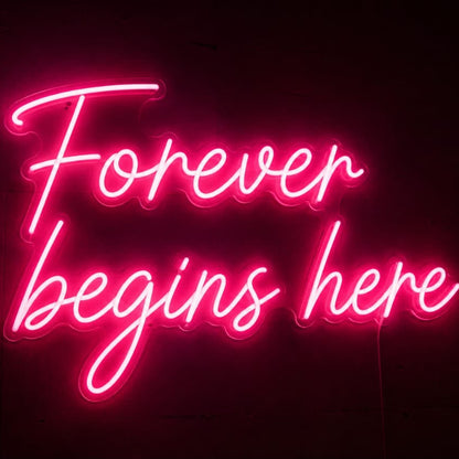 Romantic Forever Begins Here LED neon wall sign for wedding stage, anniversary celebrations and home décor