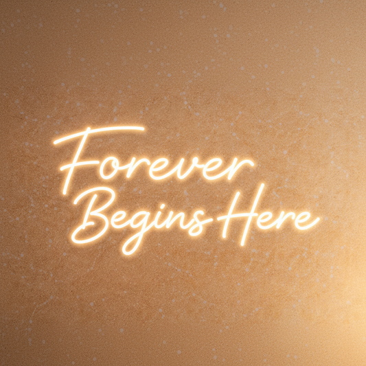 Forever Begins Here cursive neon wall sign for wedding and home decor