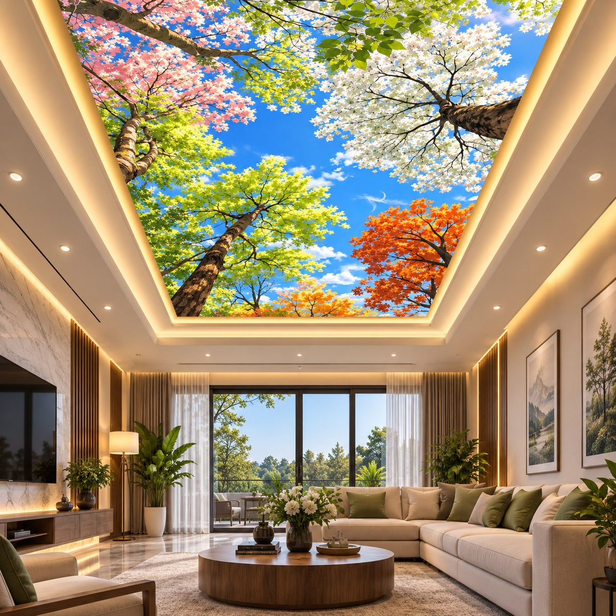 Recessed illuminated false ceiling featuring colourful seasonal trees and open sky artwork