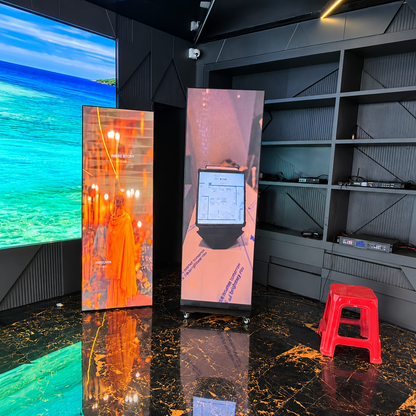 Portable floor standing LED advertising screen displaying digital brand and product content