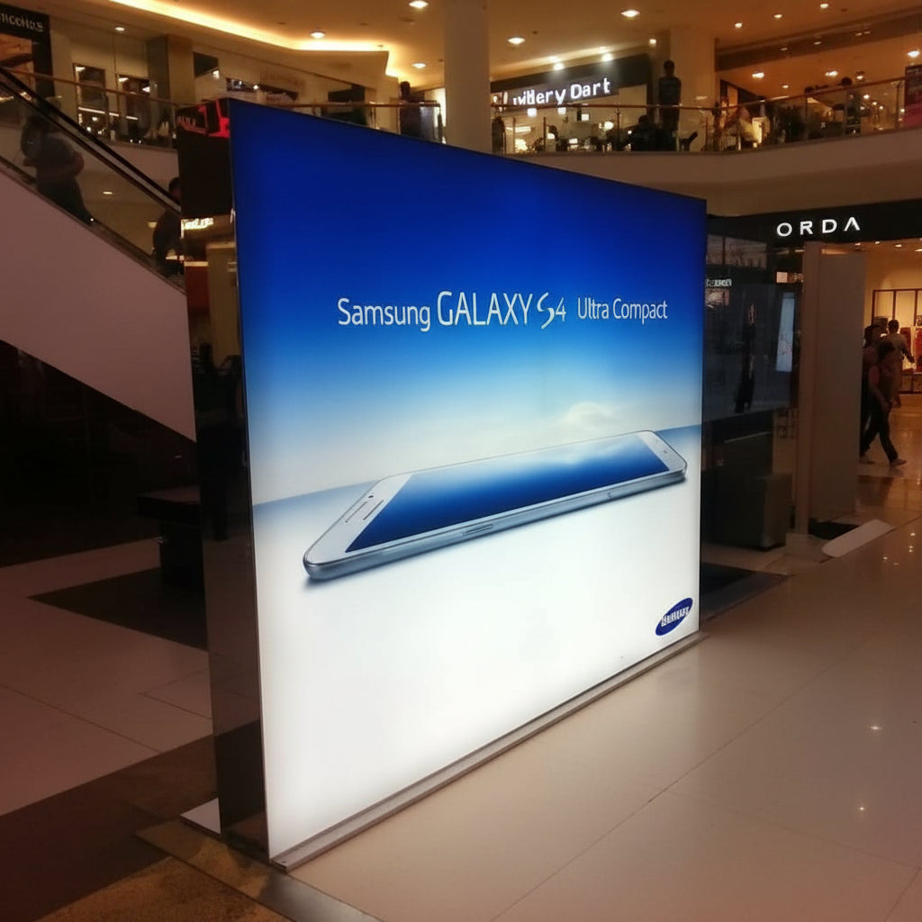 Large backlit fabric light box used as a freestanding retail advertising display