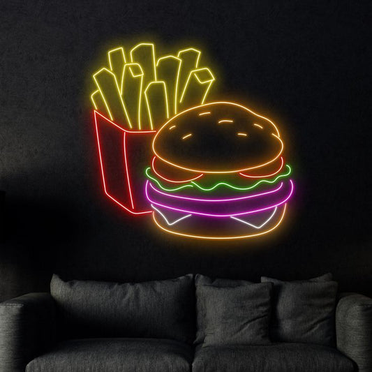 Fries Burger Neon Sign | Custom Neon Sign | Neon for Food Court Restaurants Neon sign of a burger and fries on a dark wall above a sofa