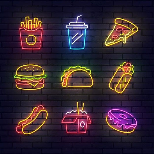 Fries Pizza Burger Neon Sign | Custom Neon Sign | Neon for Restaurants Sign Neon signs of fast food items on a brick wall background