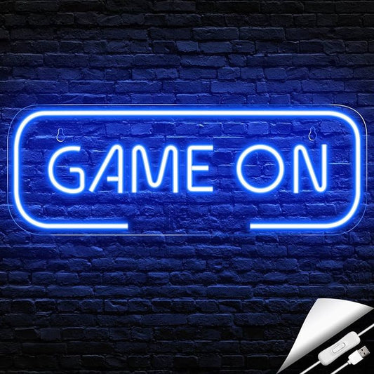Game On Neon Sign  – Custom Neon Sign for Game Room 20 By 12 Inches Neon sign with 'GAME ON' text on a brick wall background