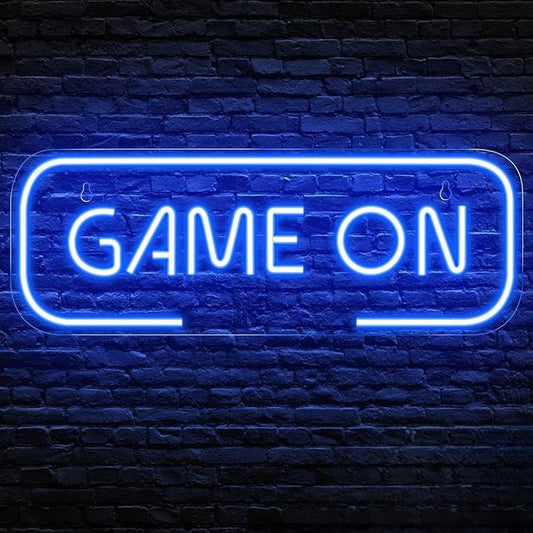 Game On Neon Sign – Custom Neon Sign for Living Room 20 By 12 Inches Neon sign with 'GAME ON' text on a brick wall background