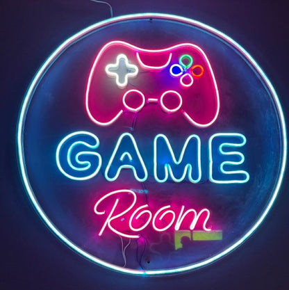 Game Room Neon Sign  – Custom Neon Sign for Game Room 20 By 20 Inches Neon sign with game controller and 'Game Room' text on a dark background