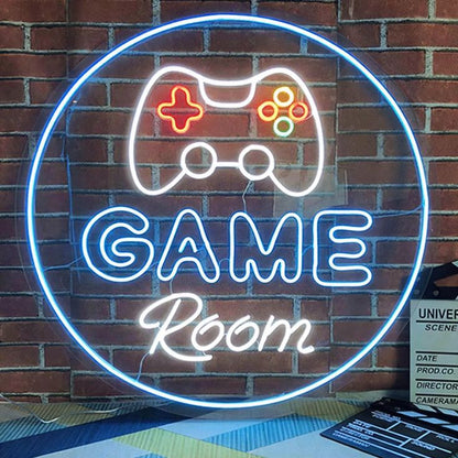 Game Room Neon Sign – Custom Neon Sign for Game Room 20 By 20 Inches Neon sign with game controller and 'Game Room' text against a brick wall.