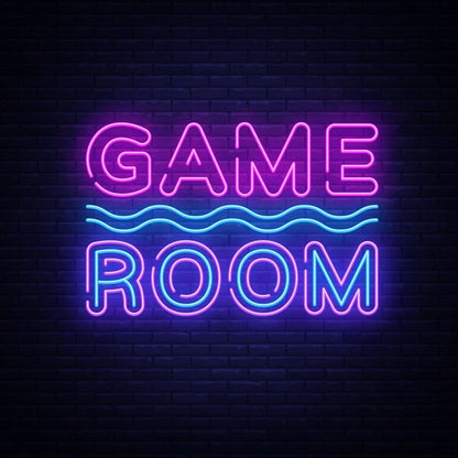 Game Room Neon Sign – Custom Neon Sign for Game Room 24 By 15 Inches Neon sign with 'GAME ROOM' text on a brick wall background