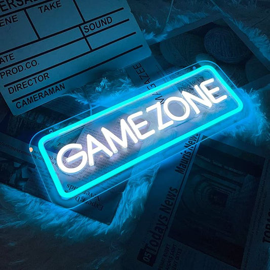 Game Zone Neon Sign  – Custom Neon Sign for Game Room 20 By 12 Inches Neon sign reading 'GAMEZONE' on a background with clapperboard and film reels.
