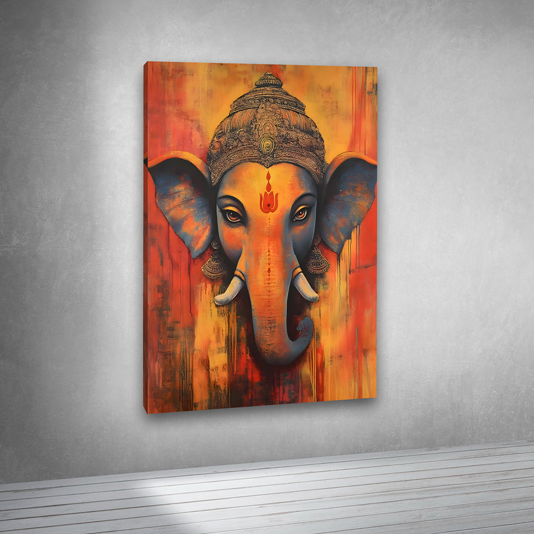 Ganesha face modern art canvas painting wall frame orange background decor