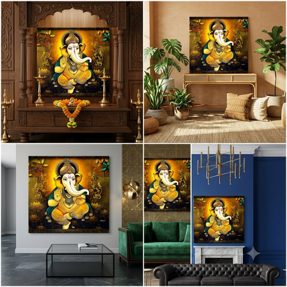 Lord Ganesha canvas wall art shown in a home temple and living room interior mockups