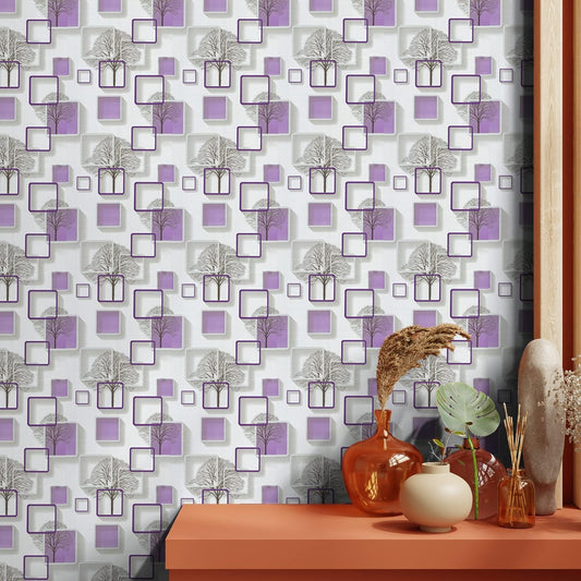 Peel and Stick Wallpaper, Self Adhesive DIY Wall Sticker for Bedroom Hall Living Room Kitchen Home & Office, PVC Coated & Waterproof Surface Scratch Resistant – 45 x 300cm Decorative wall with geometric pattern, table with vases and plants, and purple and white geometric design.