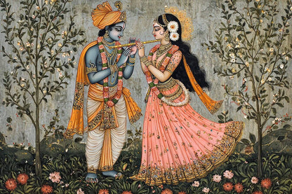 God Krishna with Radha Canvas | Framed Wall Painting For Living Room Artistic depiction of two figures in traditional attire with a floral and natural background