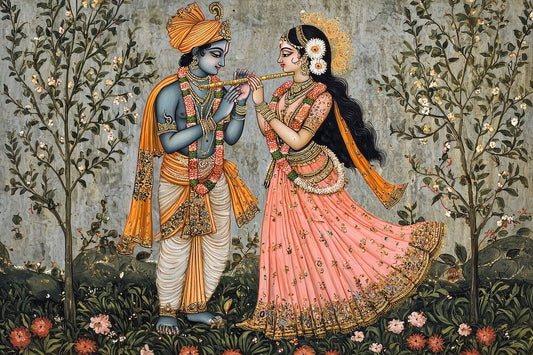 God Krishna with Radha Canvas | Framed Wall Painting For Living Room Artistic depiction of two figures in traditional attire with a floral and natural background