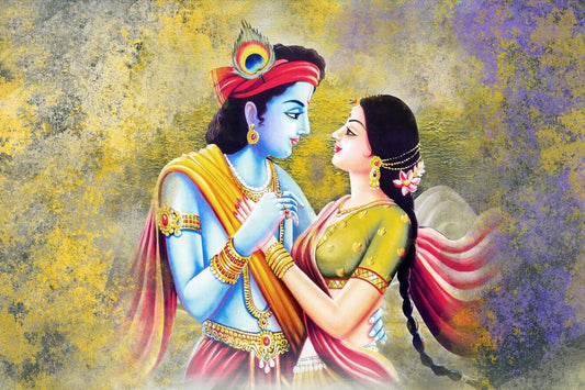 God Wall Canvas Painting | Radha Krishna Divine Romance Painting of a couple in traditional attire with a textured yellow and purple background