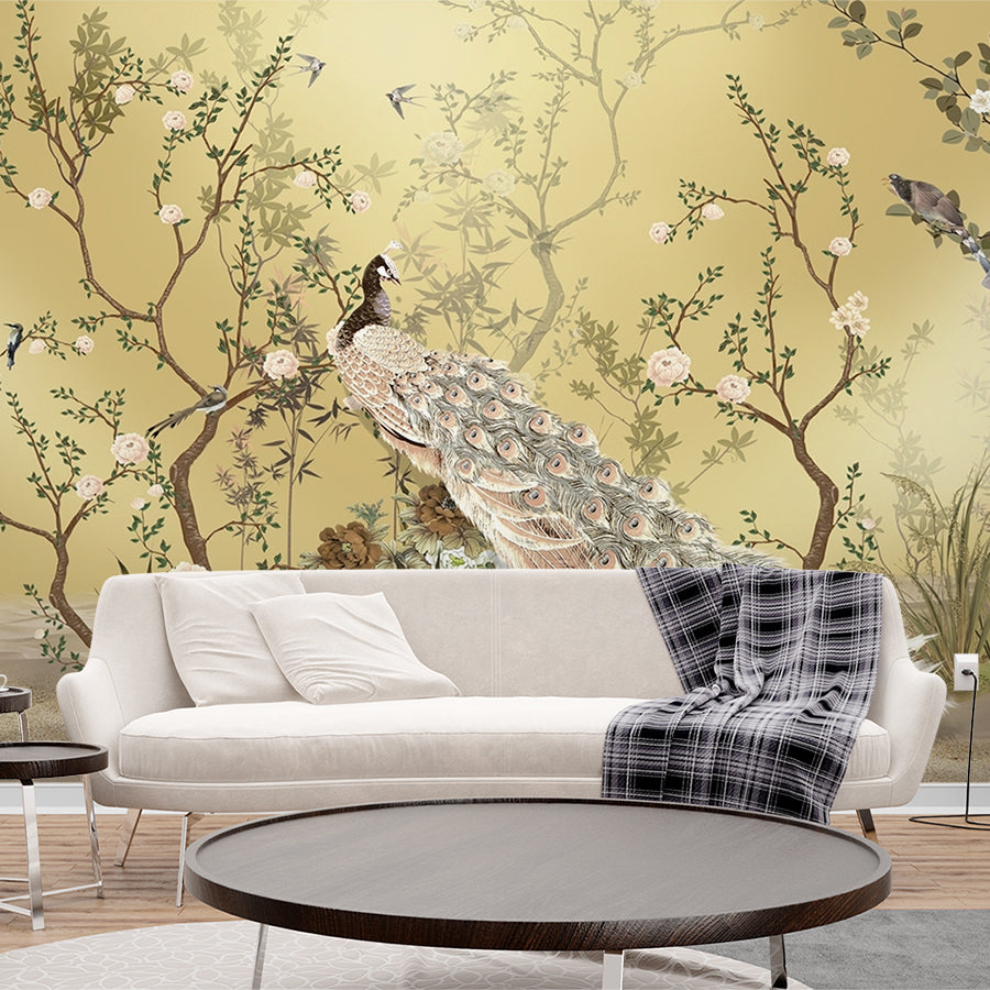 Peacock on a Floral Tree Wallpaper for Living Room
