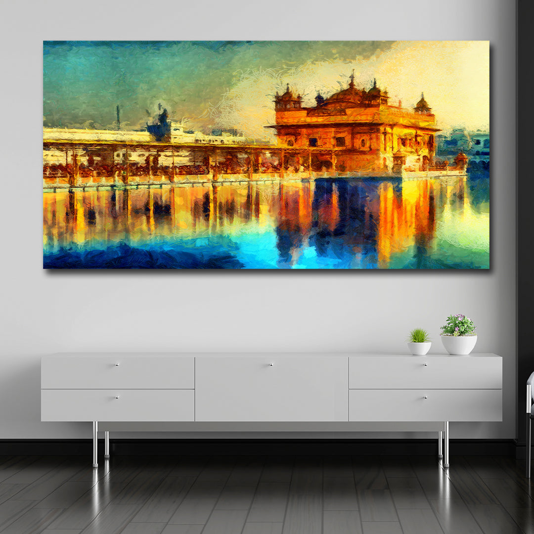 Golden Temple abstract panorama canvas wall painting with water reflections for large living room and luxury wall decor Colorful painting of a temple reflection on water in a modern room.